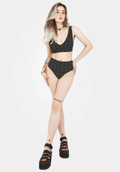 Slate Textured Check High Waist Swim Bottoms