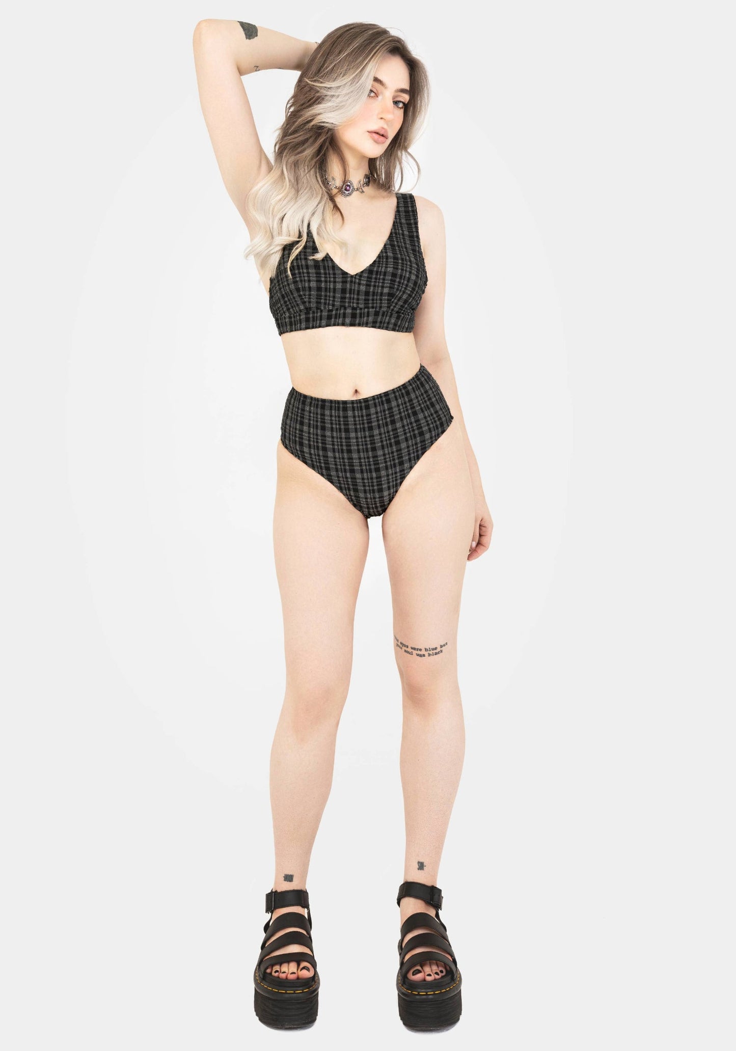 Slate Textured Check High Waist Swim Bottoms