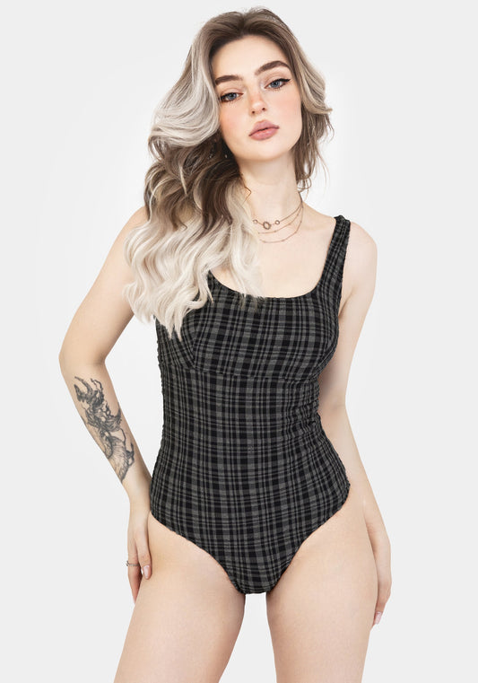 Slate Textured Check Square Neck Swimsuit