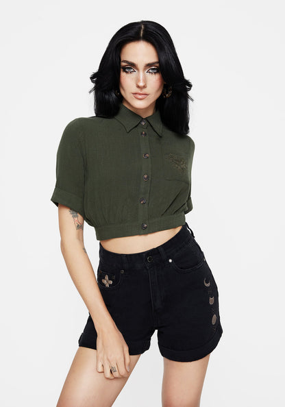 Foliate Linen-Blend Embroidered Short Sleeve Crop Shirt - Green