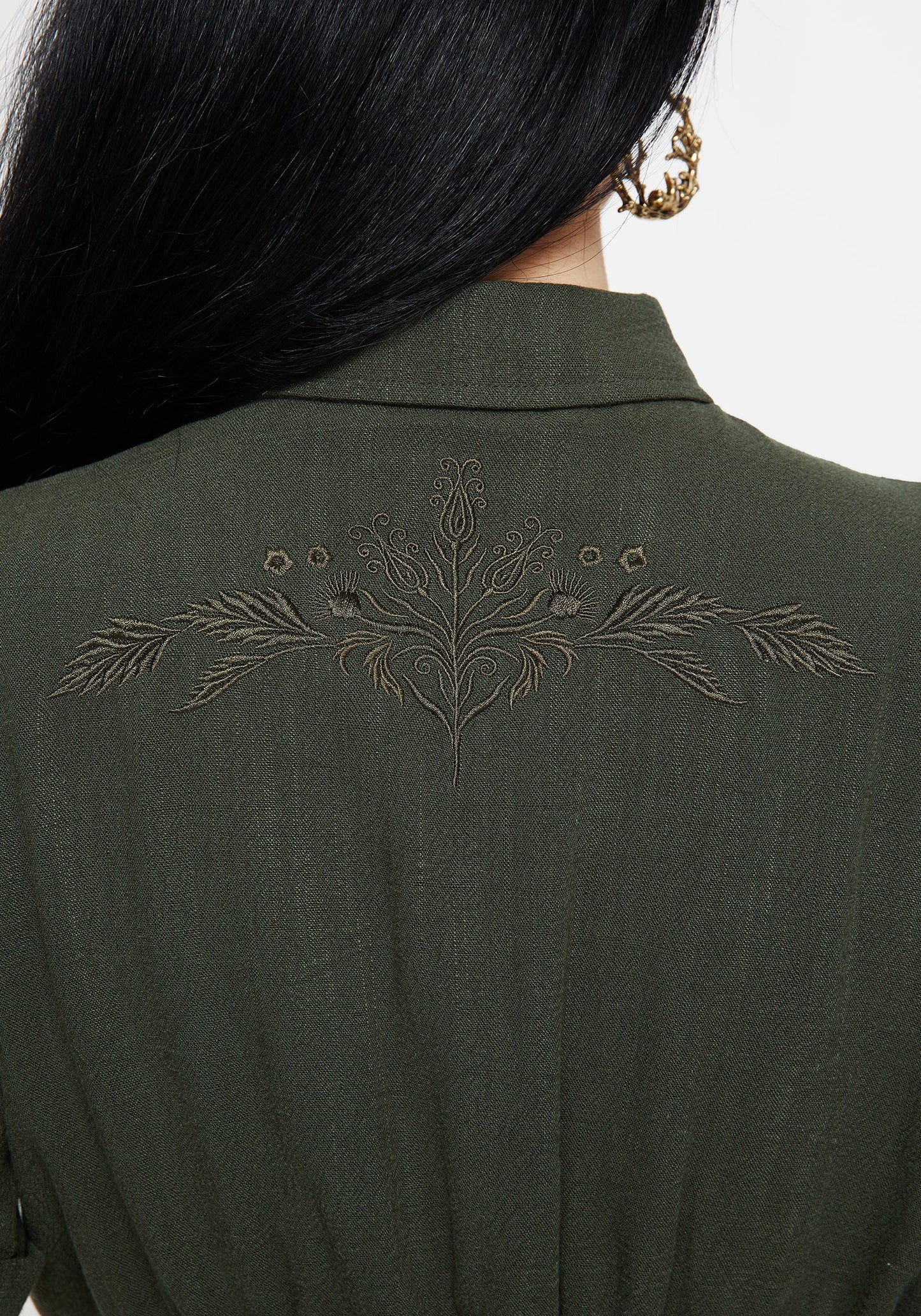 Foliate Linen-Blend Embroidered Short Sleeve Crop Shirt - Green