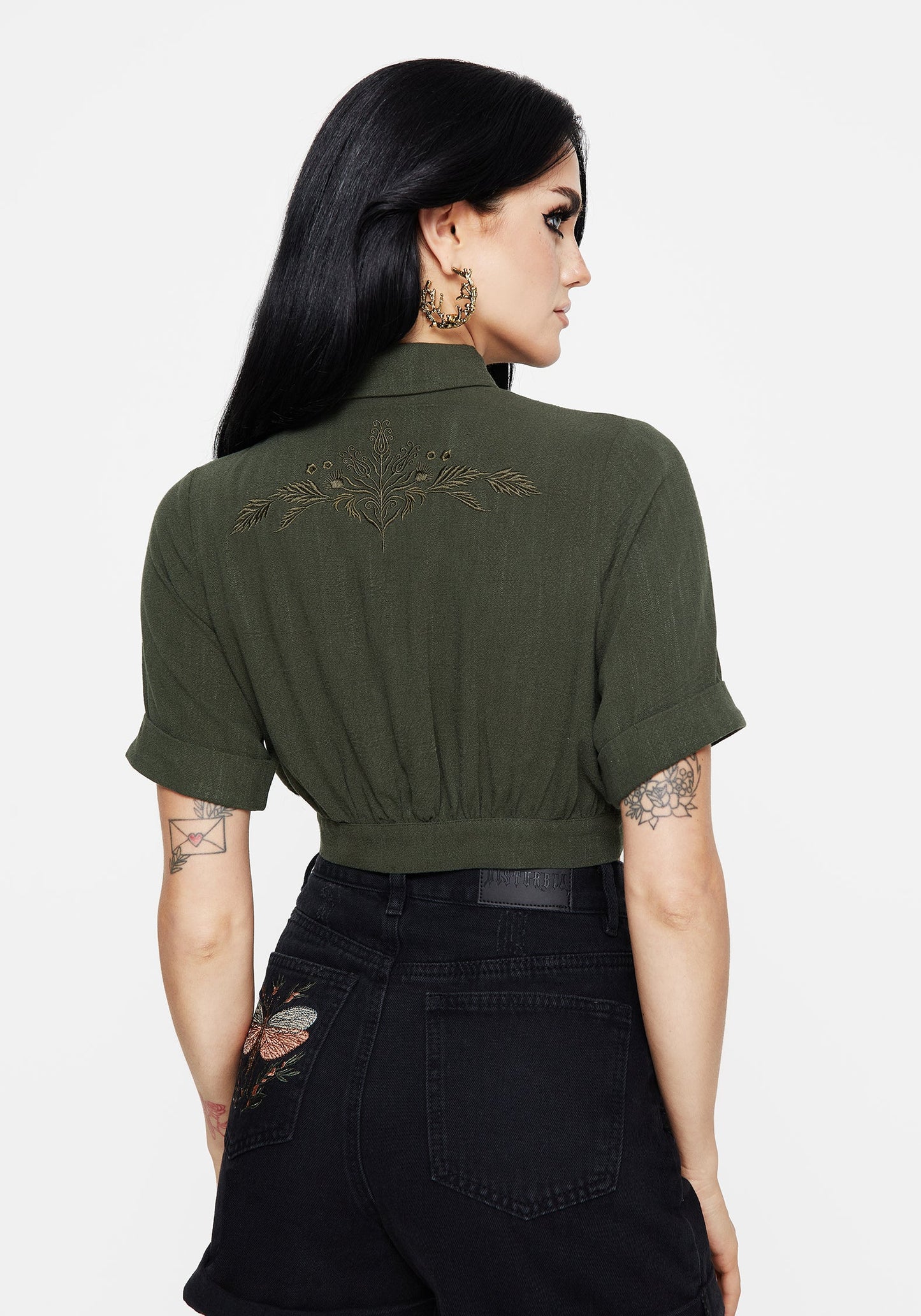 Foliate Linen-Blend Embroidered Short Sleeve Crop Shirt - Green