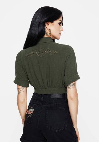 Foliate Linen-Blend Embroidered Short Sleeve Crop Shirt - Green