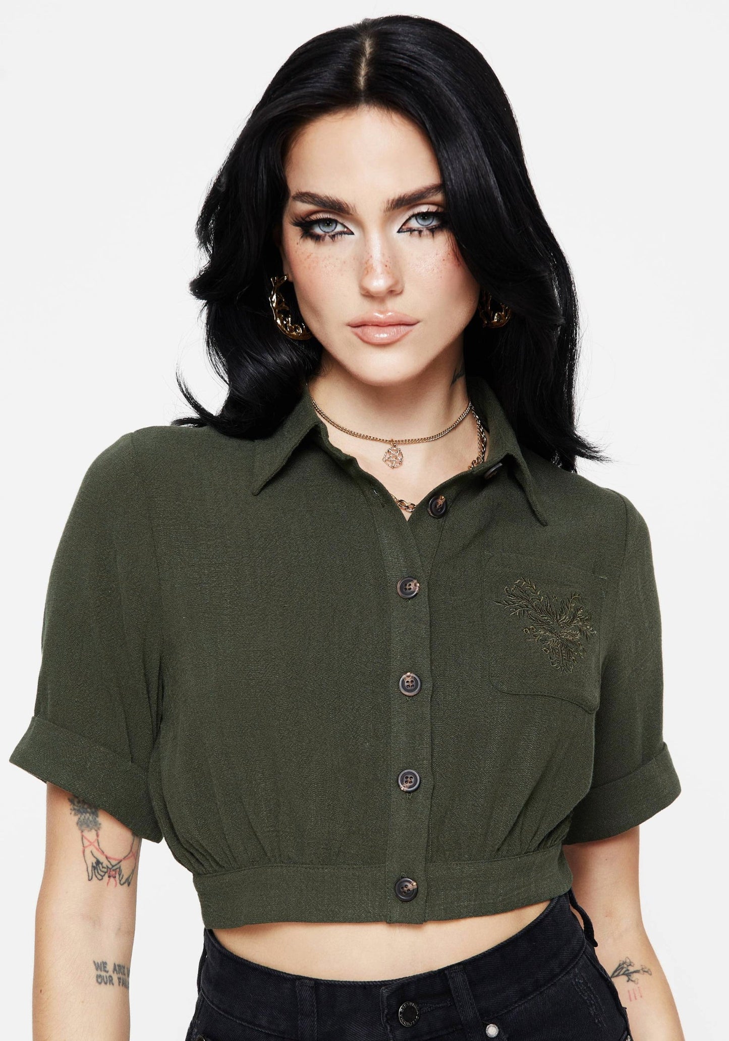 Foliate Linen-Blend Embroidered Short Sleeve Crop Shirt - Green