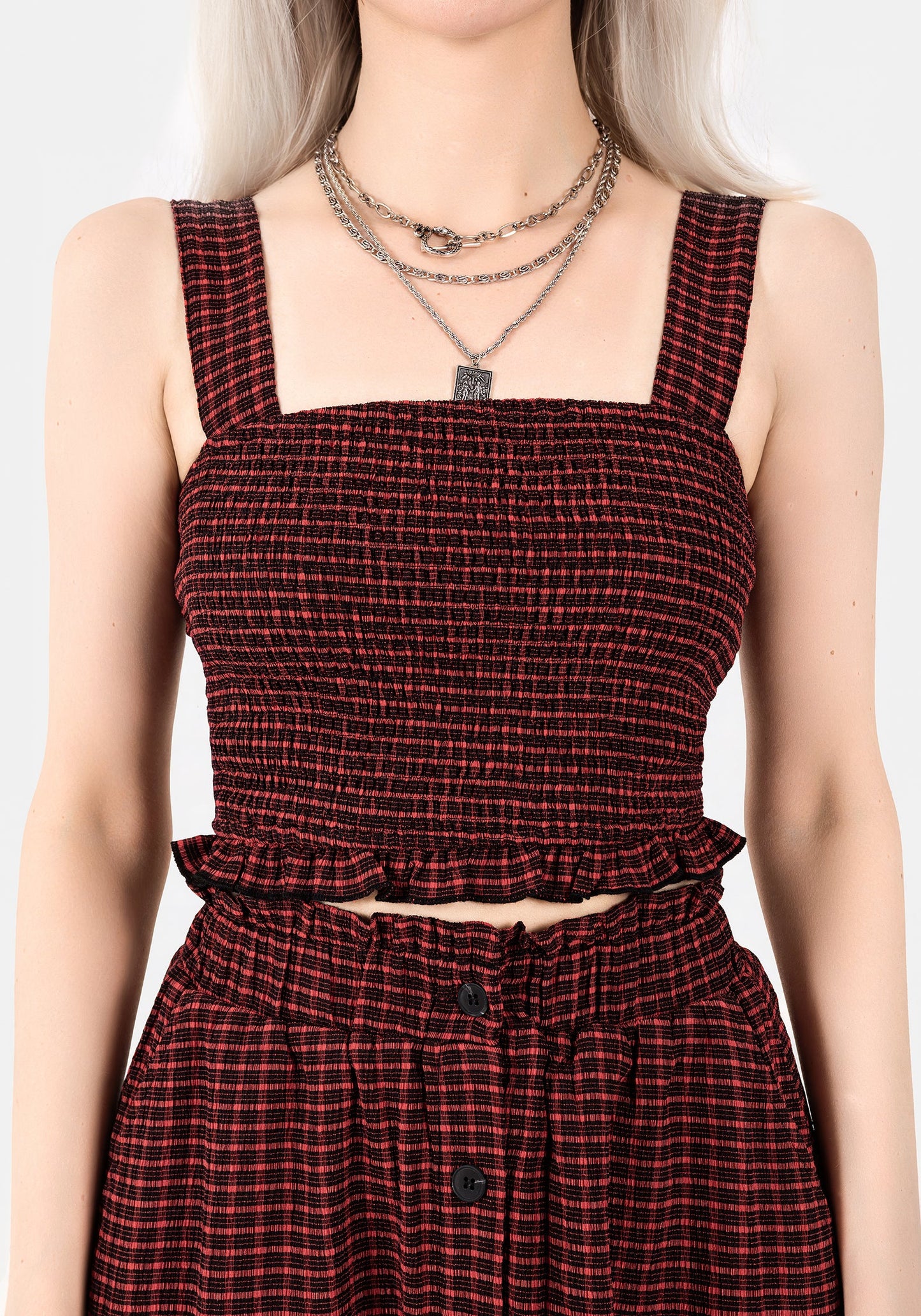 Carmine Textured Check Crop Top