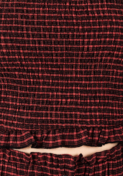 Carmine Textured Check Crop Top
