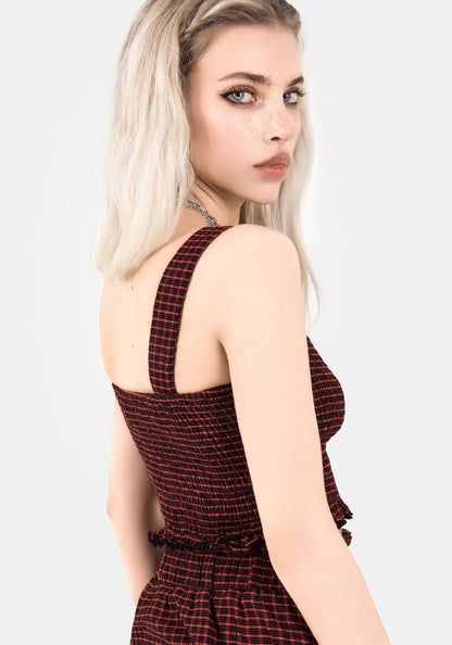 Carmine Textured Check Crop Top