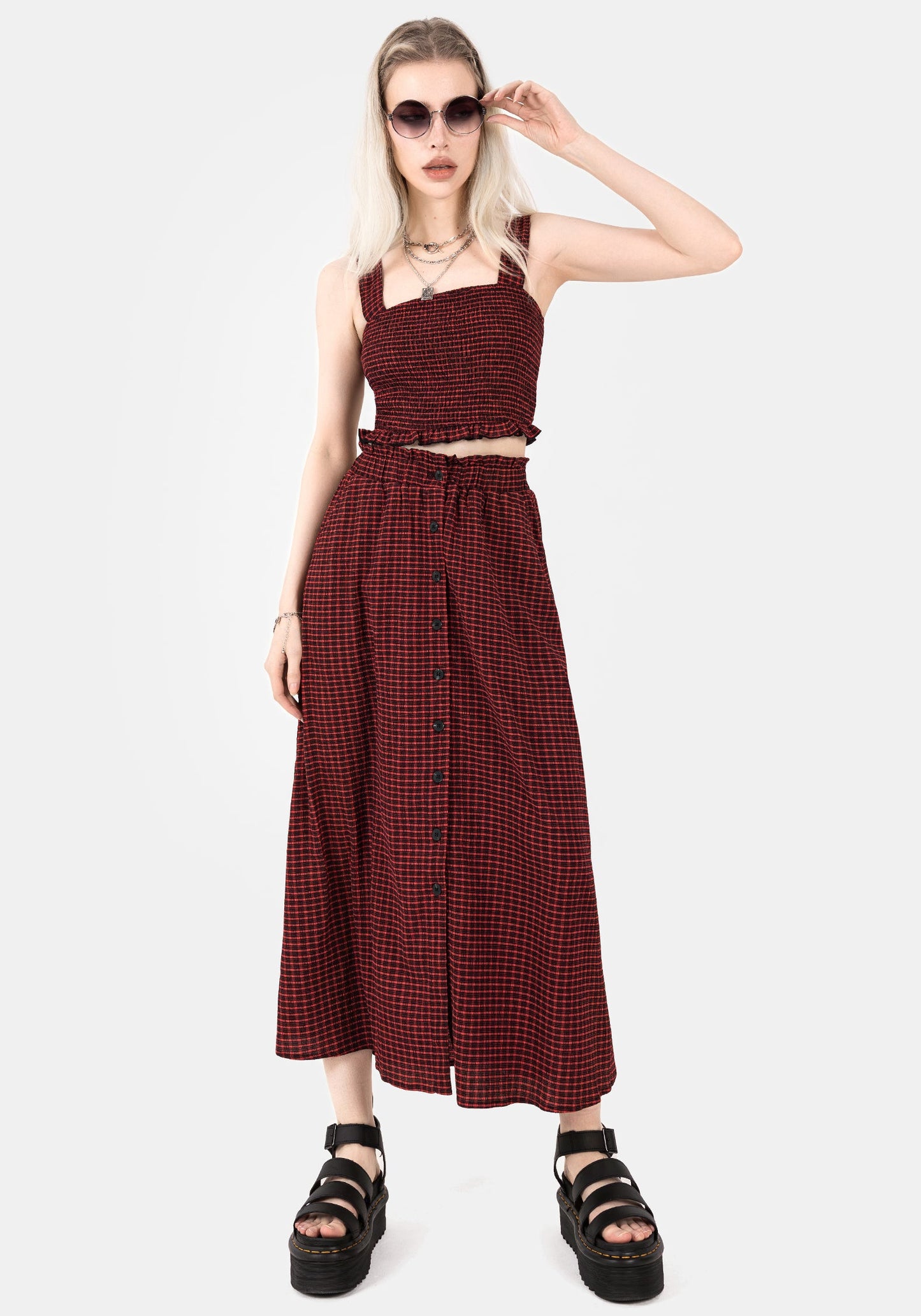 Carmine Textured Check Crop Top
