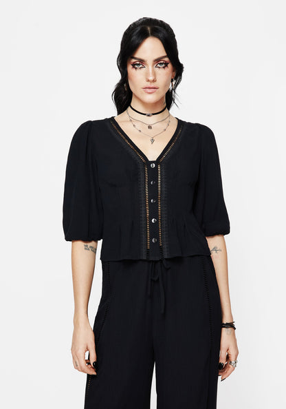 Blessing Lace Trim Tapered Waist Blouse Top