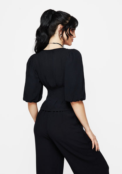 Blessing Lace Trim Tapered Waist Blouse Top