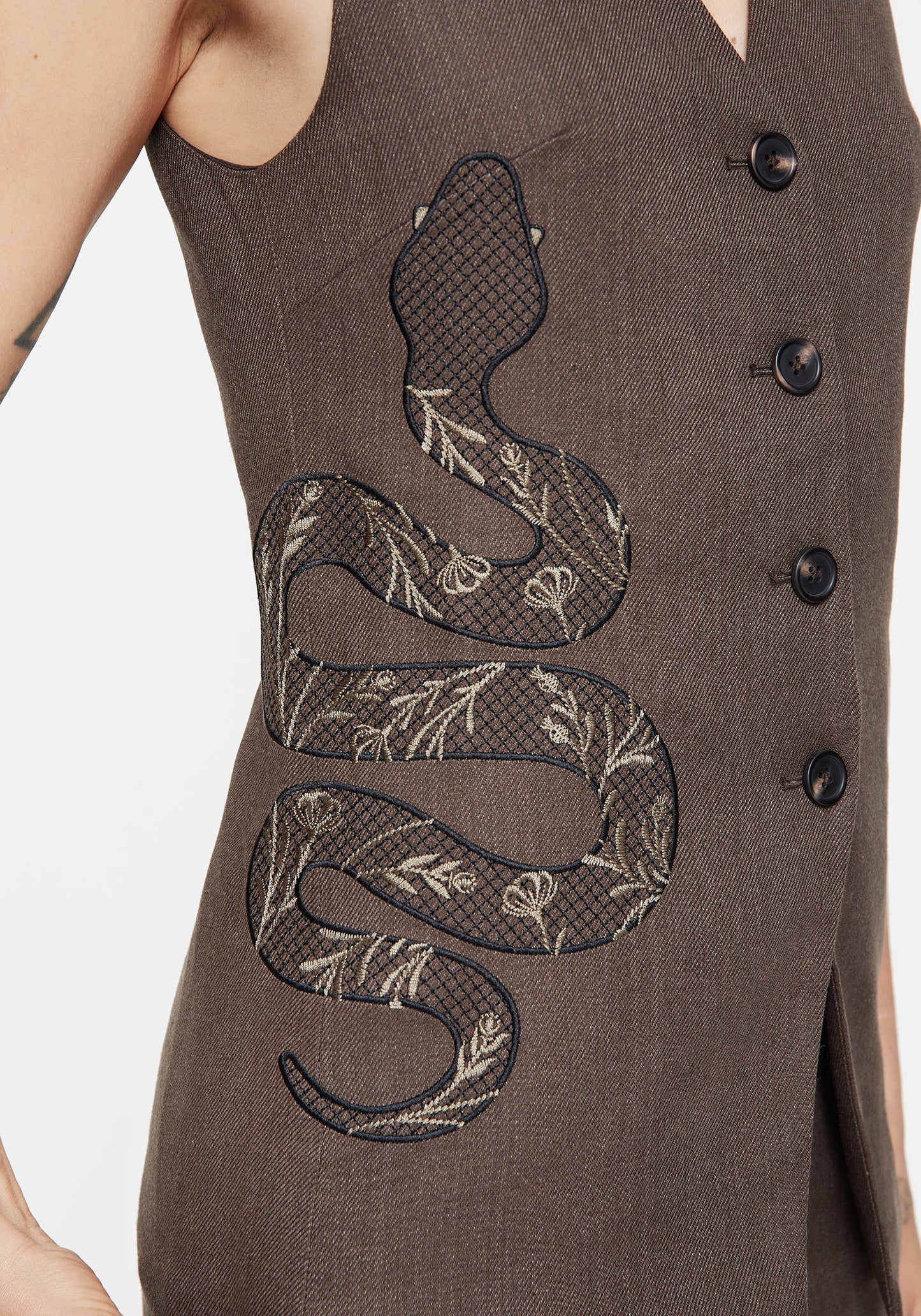 Gaia Linen Blend Snake Embroidered Longline Waistcoat