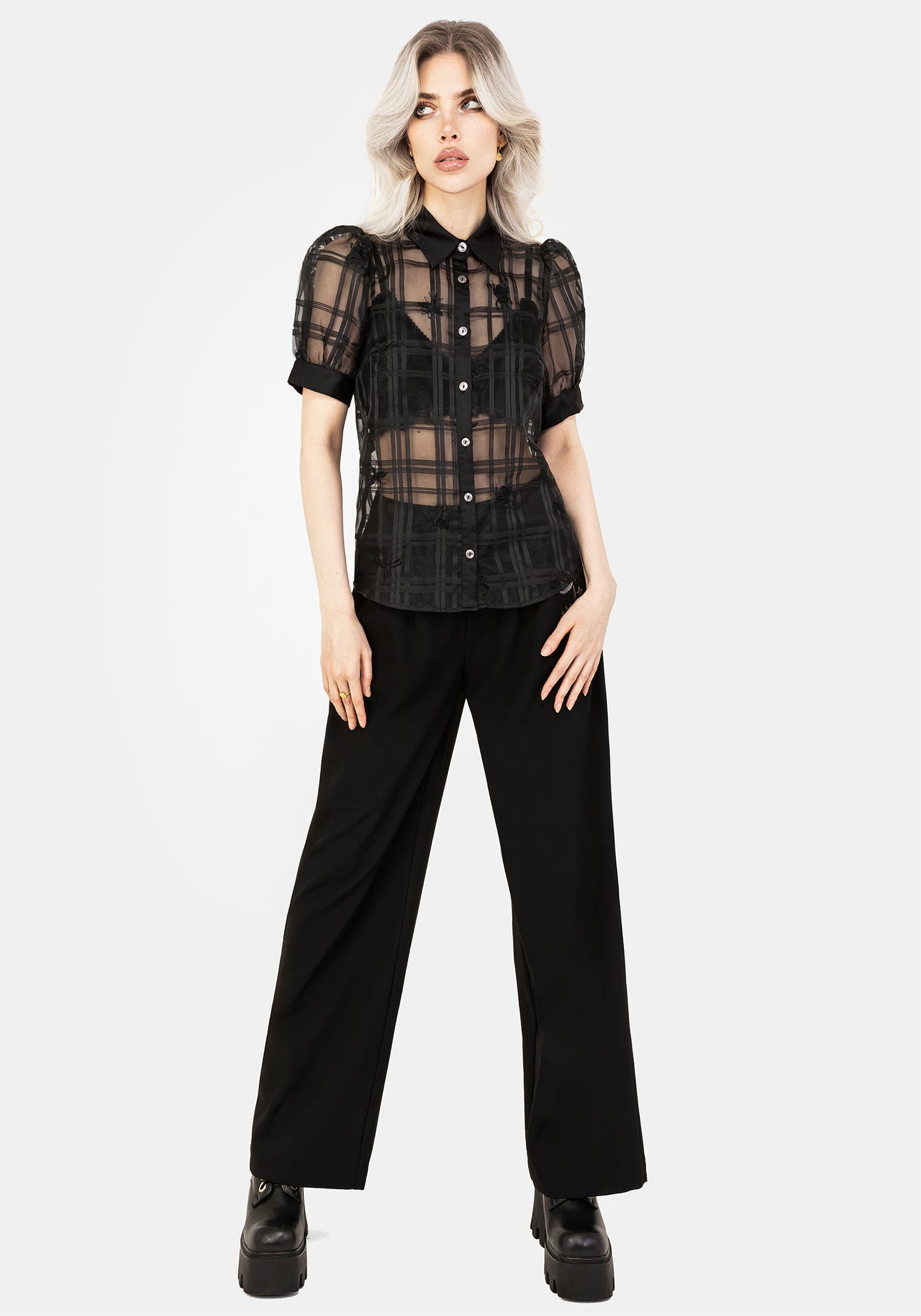 Sedona Organza Check Embroidered Button Up Shirt