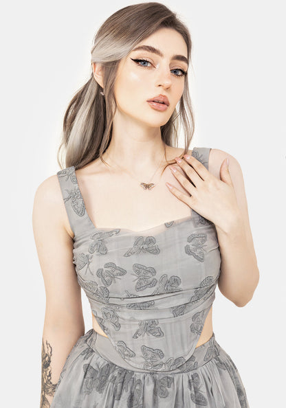 Vanessa Butterfly Print Organza Ruched Bodice Corset Top