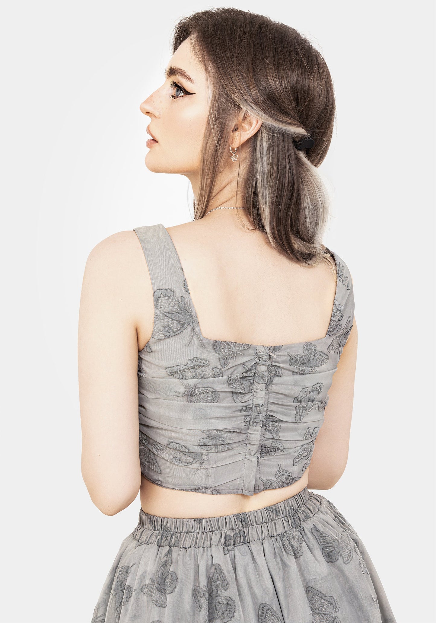 Vanessa Butterfly Print Organza Ruched Bodice Corset Top