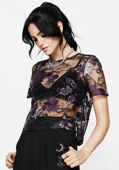 Estrid Embroidered Mesh Tie Back Blouse Top