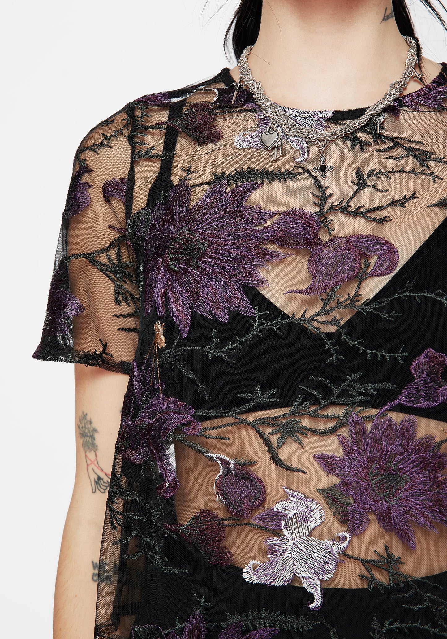 Estrid Embroidered Mesh Tie Back Blouse Top