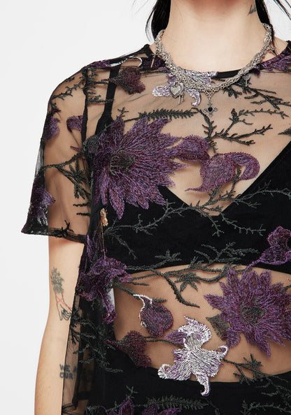 Estrid Embroidered Mesh Tie Back Blouse Top