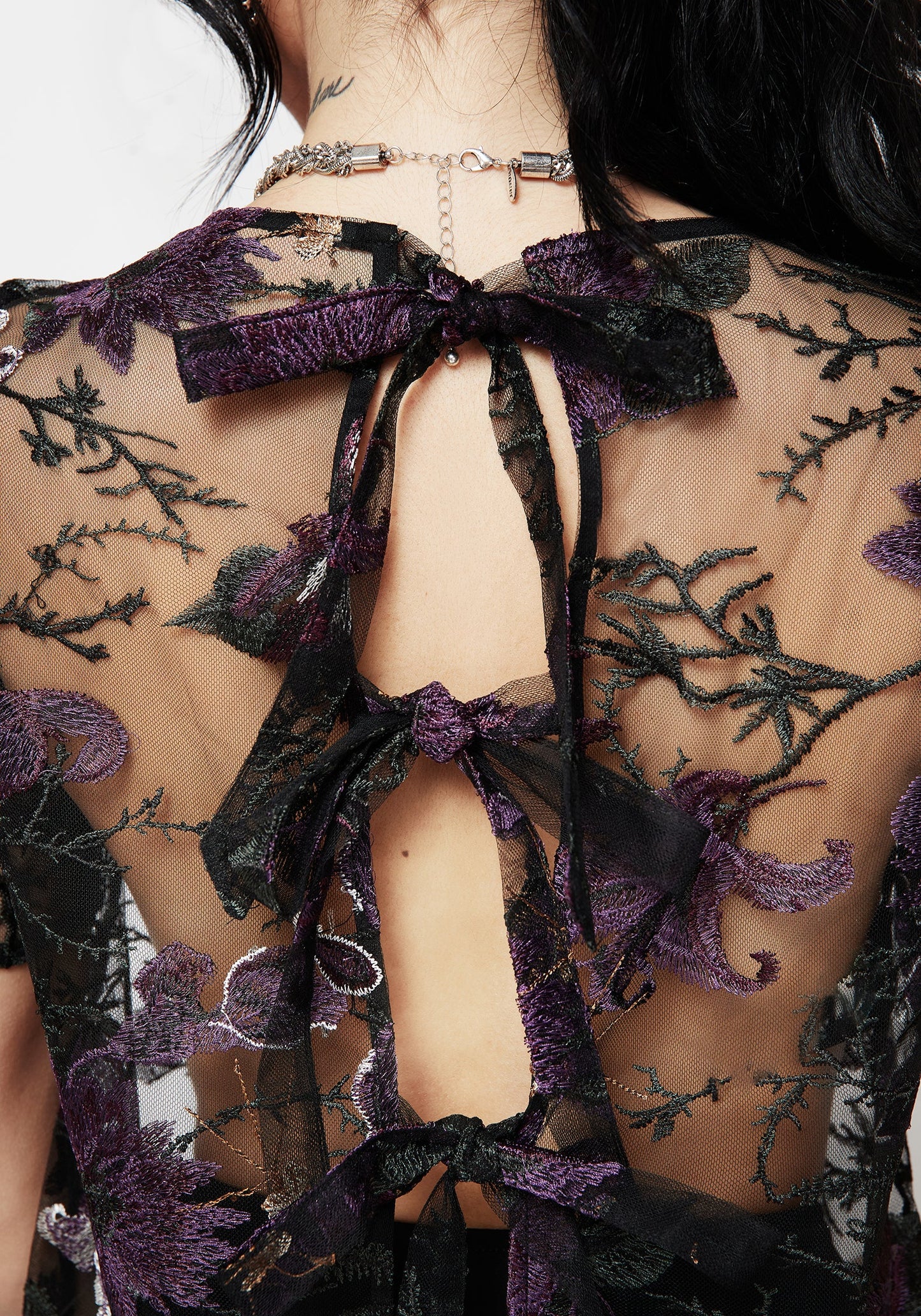 Estrid Embroidered Mesh Tie Back Blouse Top