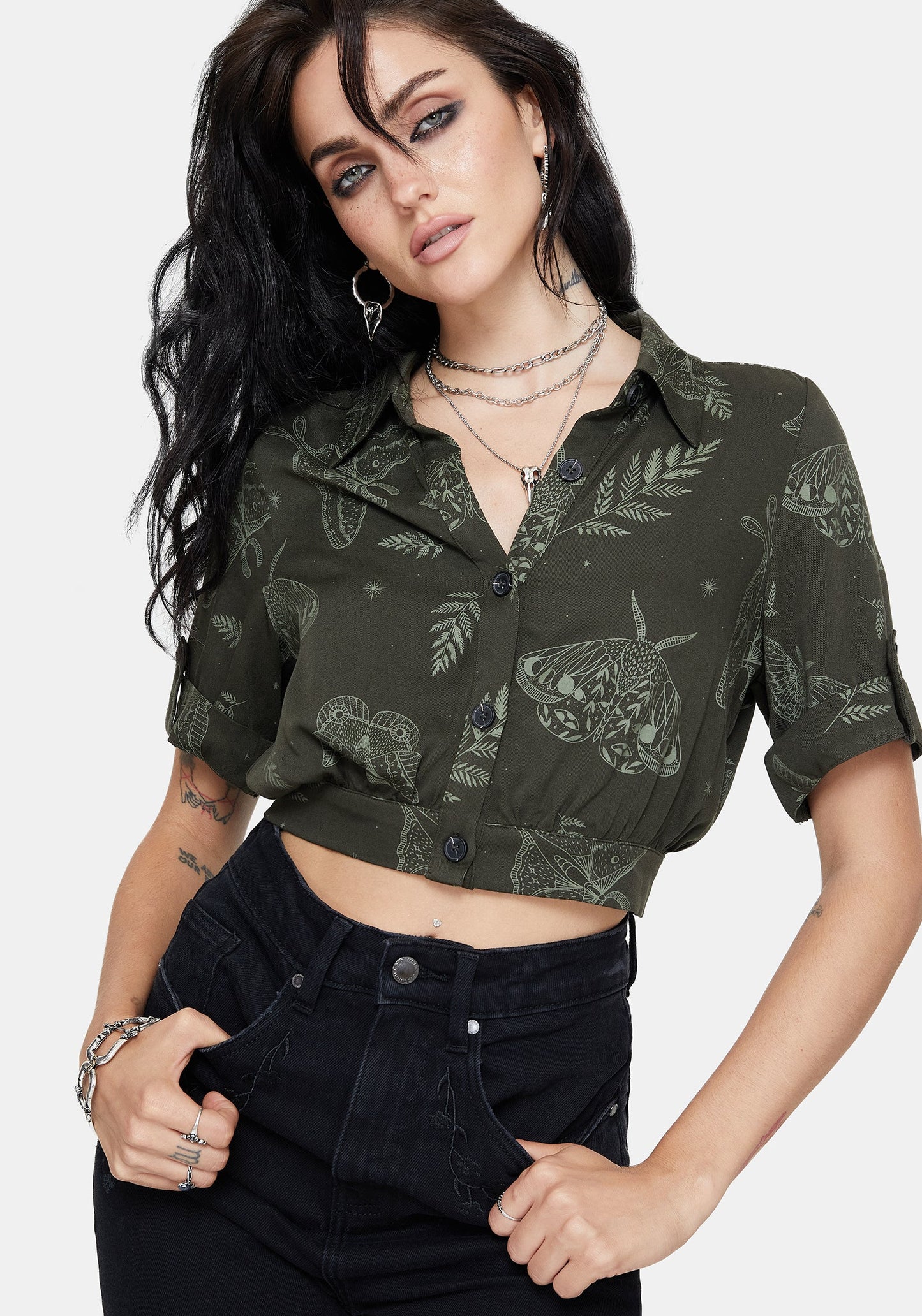 Callopistria Moth Print Short Sleeve Crop Shirt - Green