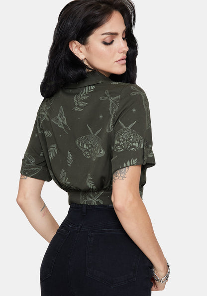 Callopistria Moth Print Short Sleeve Crop Shirt - Green