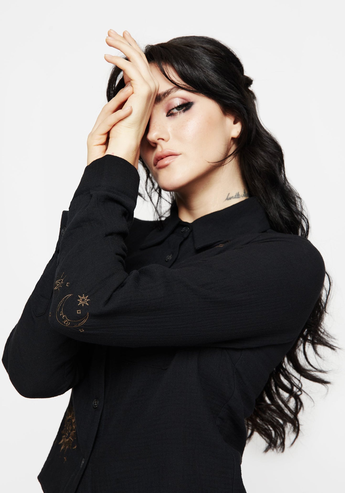 Cosmos Embroidered Button Up Crop Shirt