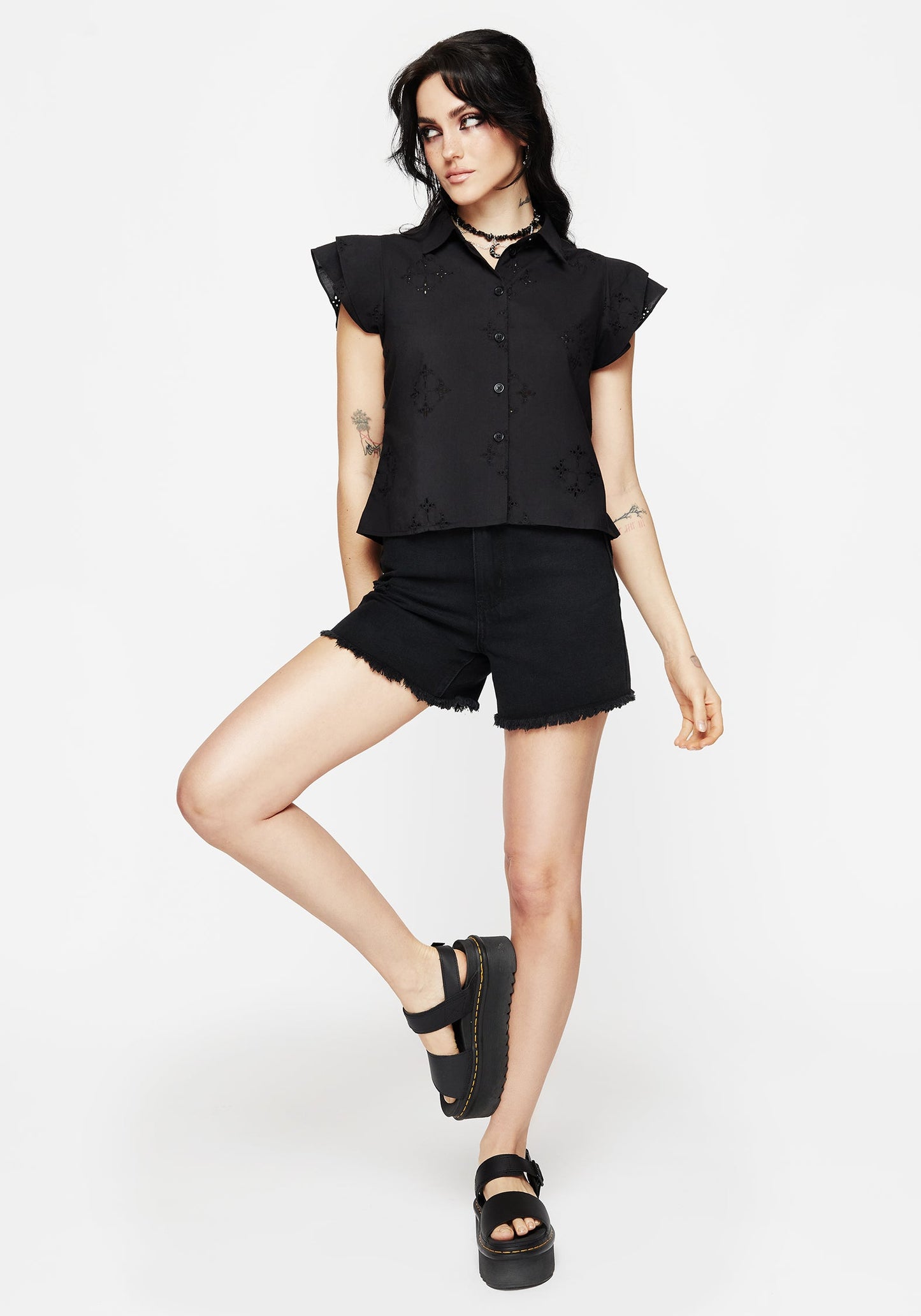 Crux Broderie Cotton Frill Sleeve Button Up Shirt