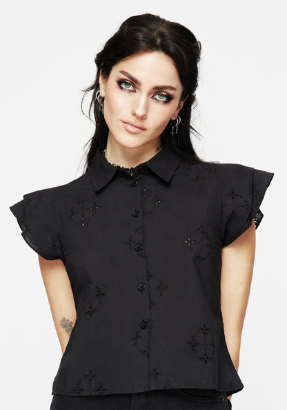 Crux Broderie Cotton Frill Sleeve Button Up Shirt