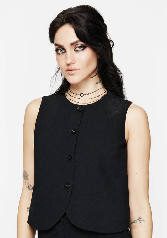 Aya Embroidered Linen Blend Button Front Waistcoat