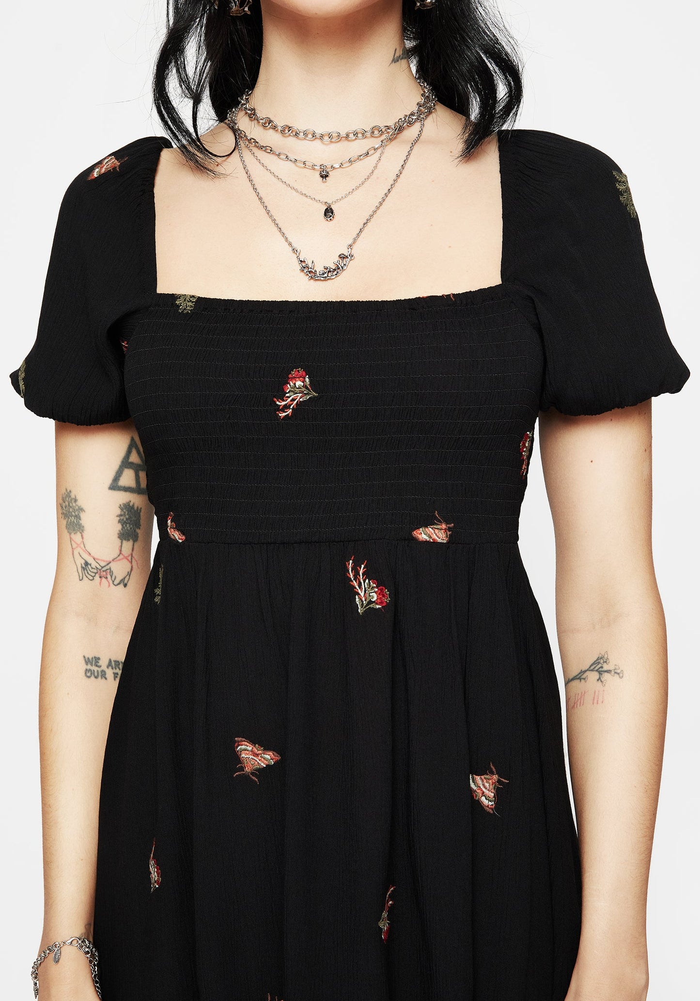 Copia Moth Embroidered Puff Sleeve Mini Dress