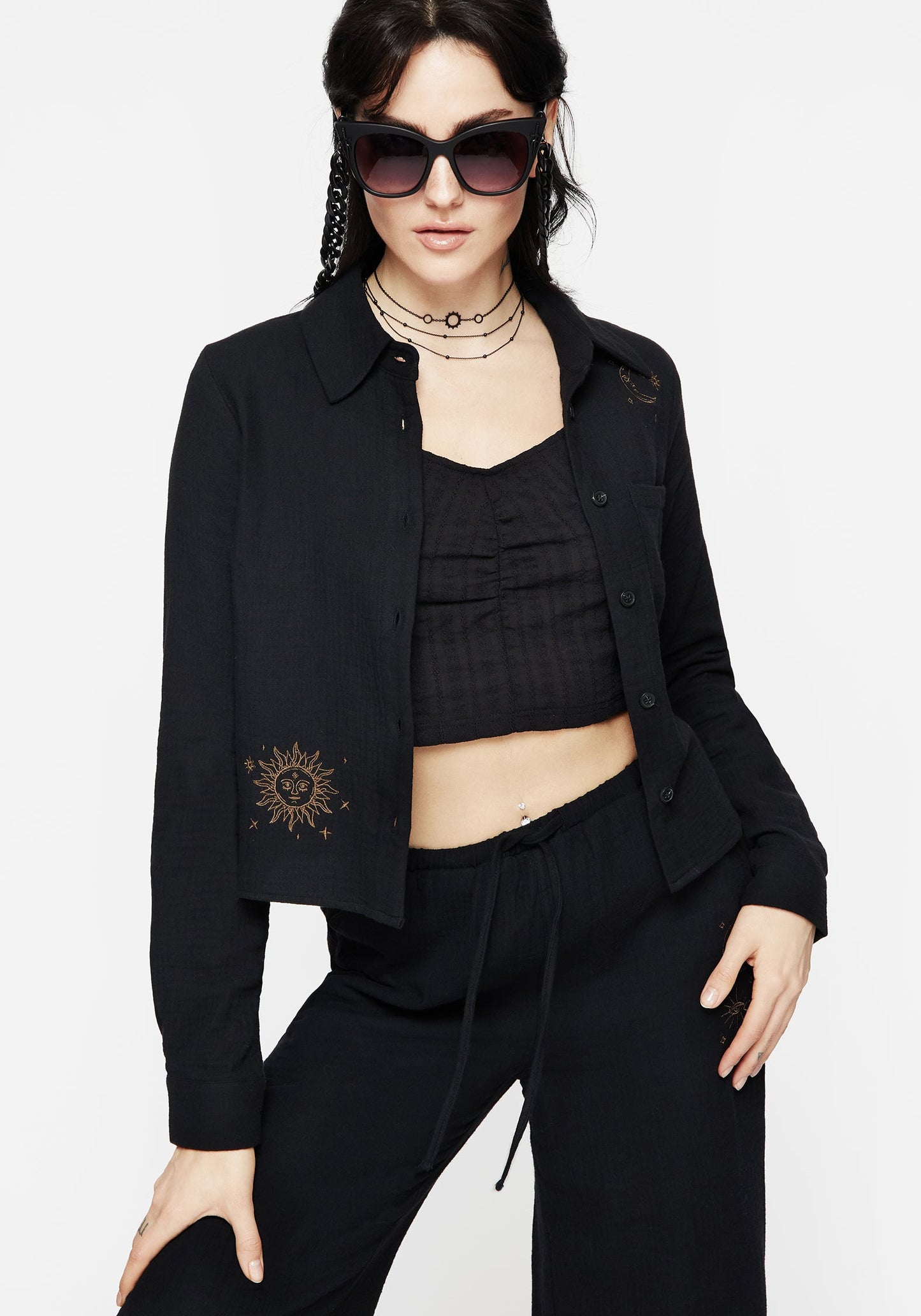Cosmos Embroidered Button Up Crop Shirt