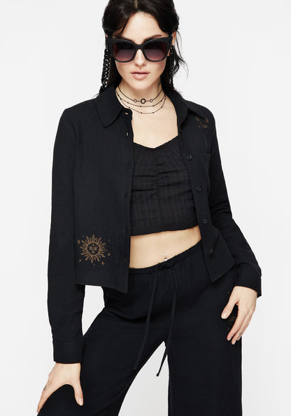Cosmos Embroidered Button Up Crop Shirt