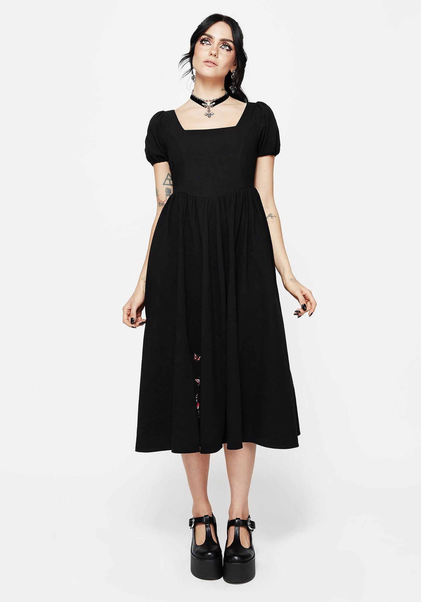 Copia Moth Embroidered Cotton Puff Sleeve Split Skirt Midi Dress