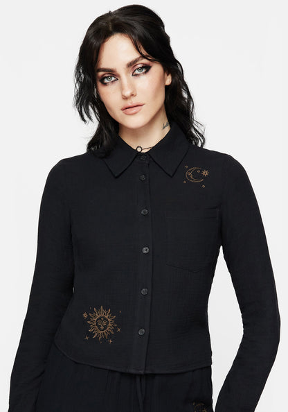 Cosmos Embroidered Button Up Crop Shirt