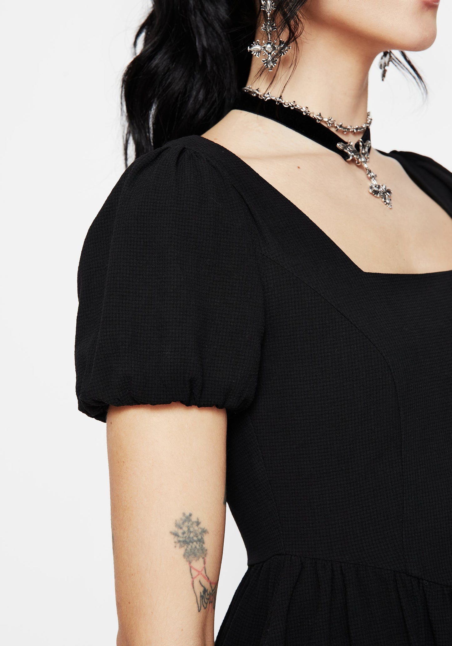 Copia Moth Embroidered Cotton Puff Sleeve Split Skirt Midi Dress