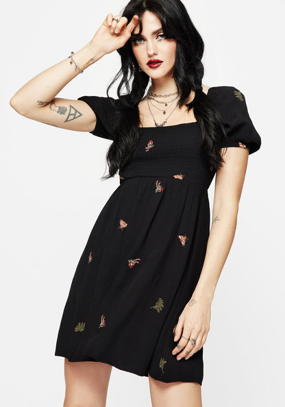 Copia Moth Embroidered Puff Sleeve Mini Dress