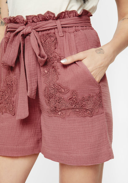 Rosamoth Applique Trim Cotton Tie Waist Shorts