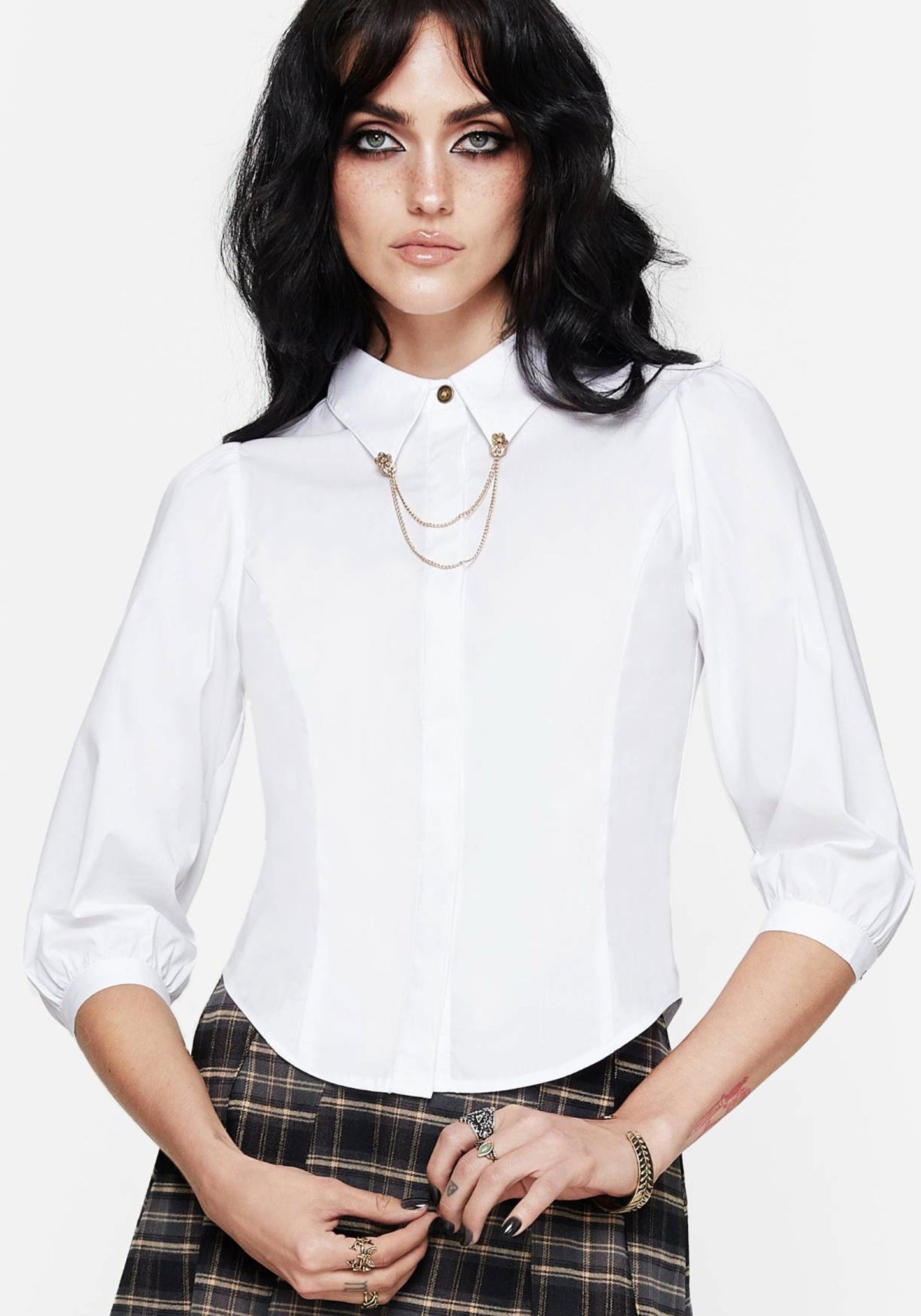 Mire Button Up Puff Sleeve Chain Collared Shirt