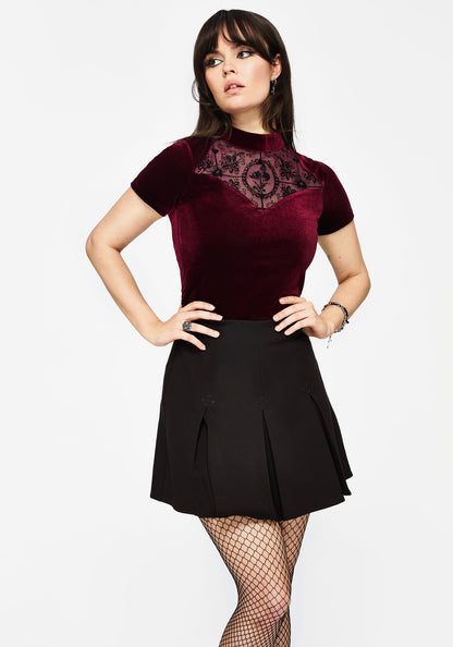 Cameo Floral Flocked Mesh Velour High Neck Top - Red