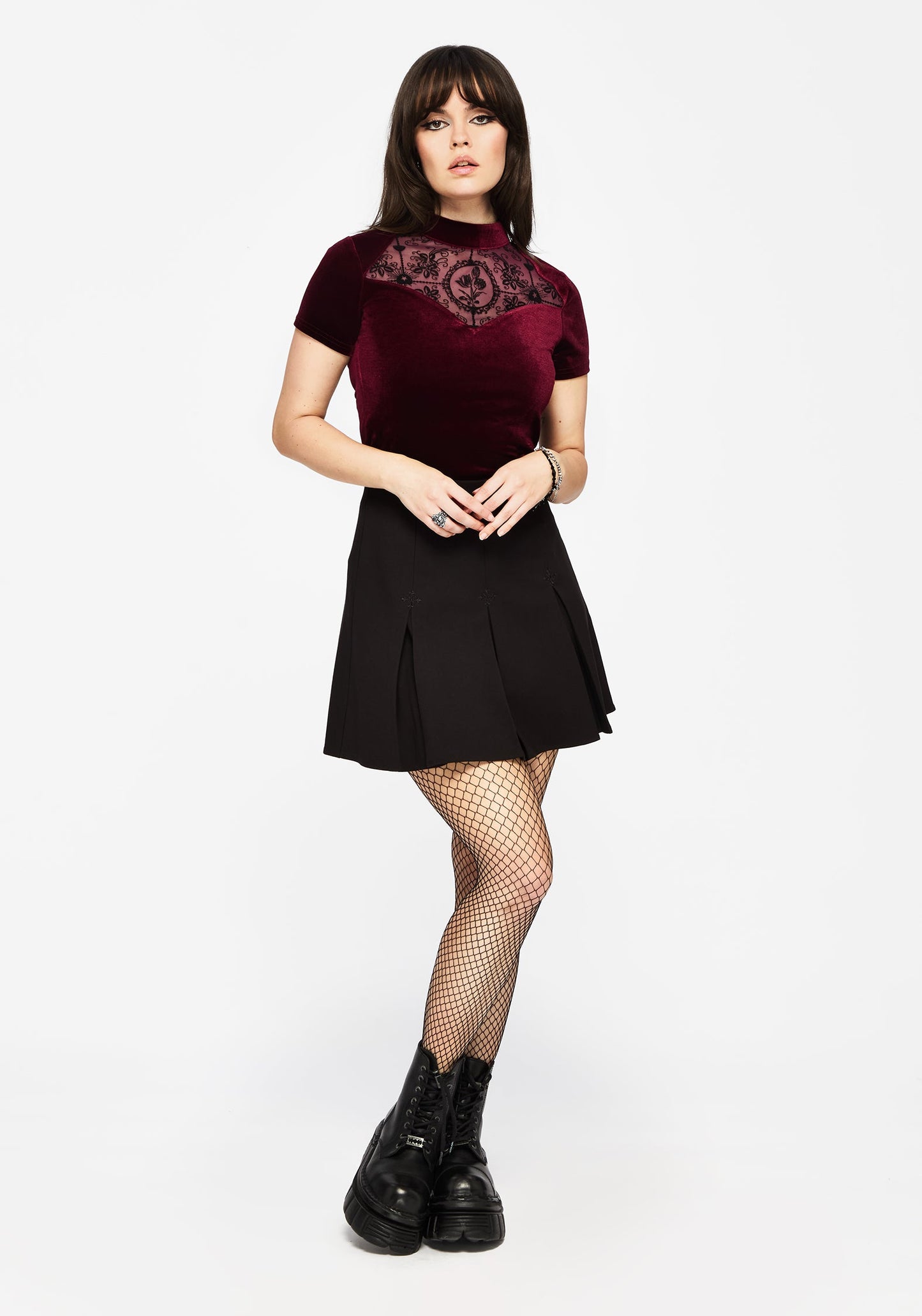 Cameo Floral Flocked Mesh Velour High Neck Top - Red