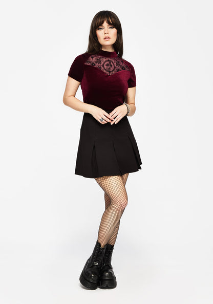 Cameo Floral Flocked Mesh Velour High Neck Top - Red