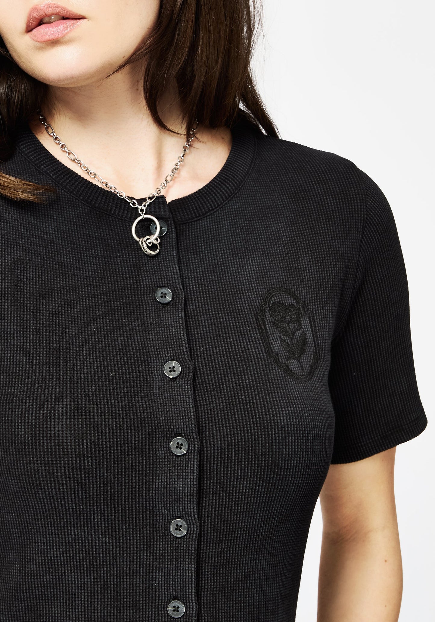 Faye Cotton-Blend Floral Embroidered Waffle Button Up Top