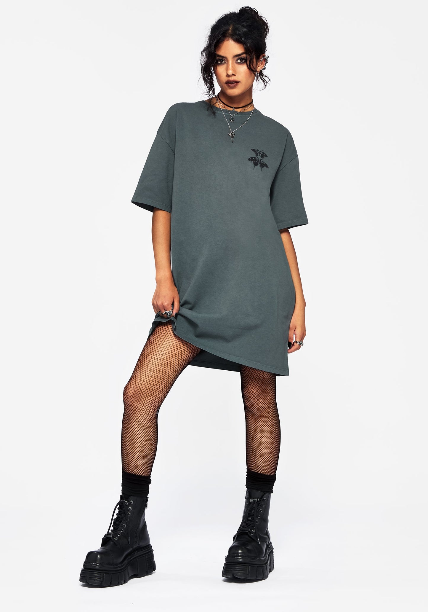Artemisia Cotton Acid Wash Moth Graphic Tee Dress