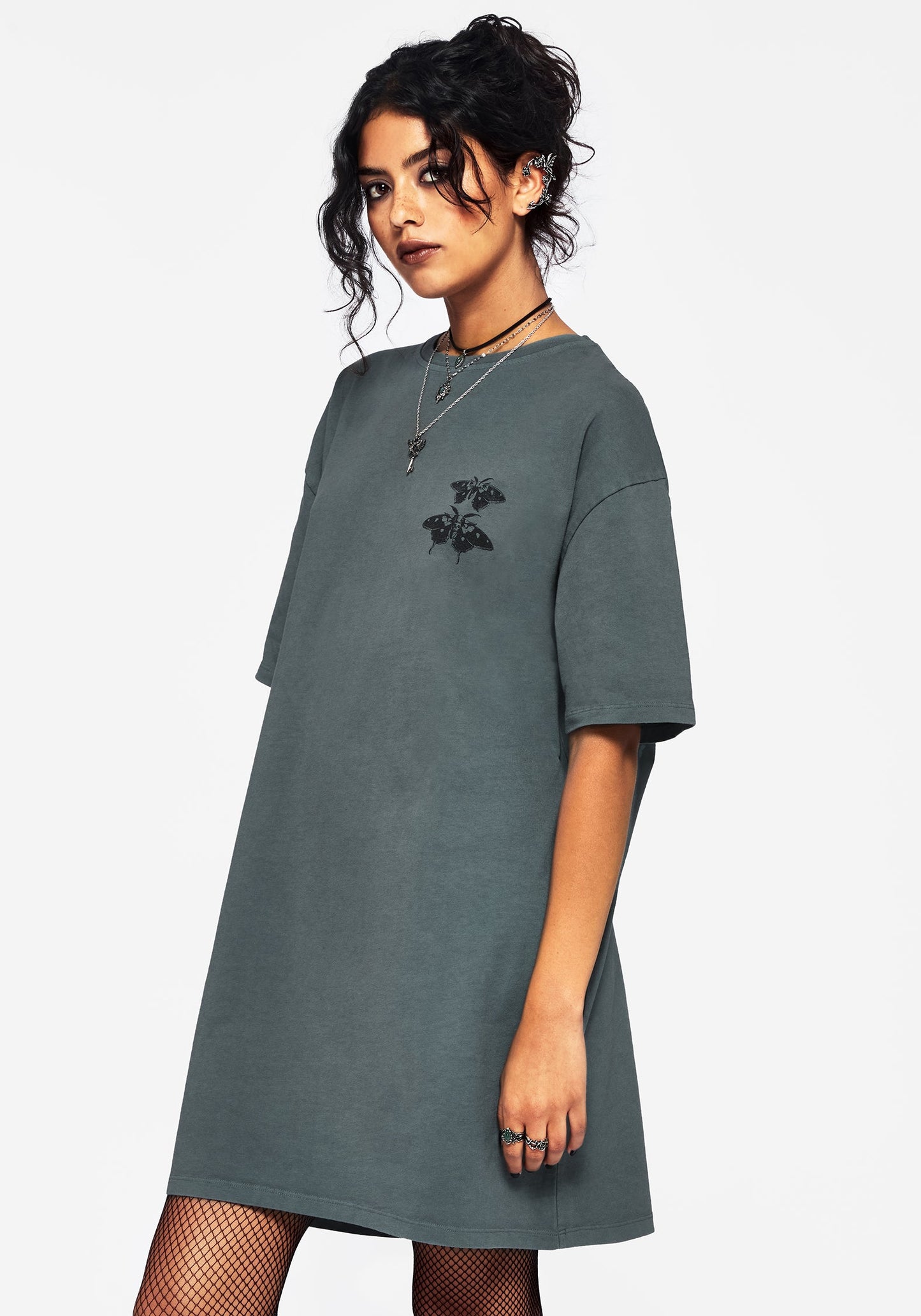 Artemisia Cotton Acid Wash Moth Graphic Tee Dress