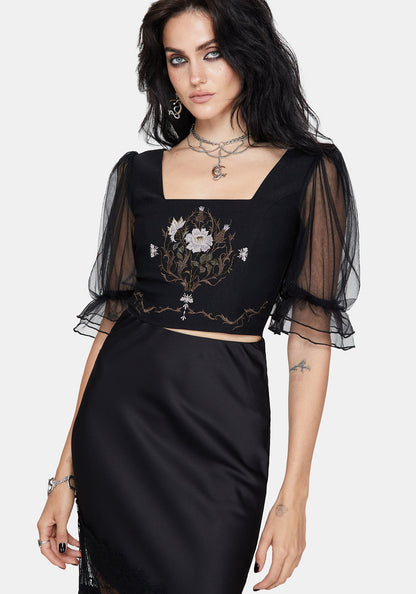 Silva Climbing Roses Embroidered Puff Sleeve Top