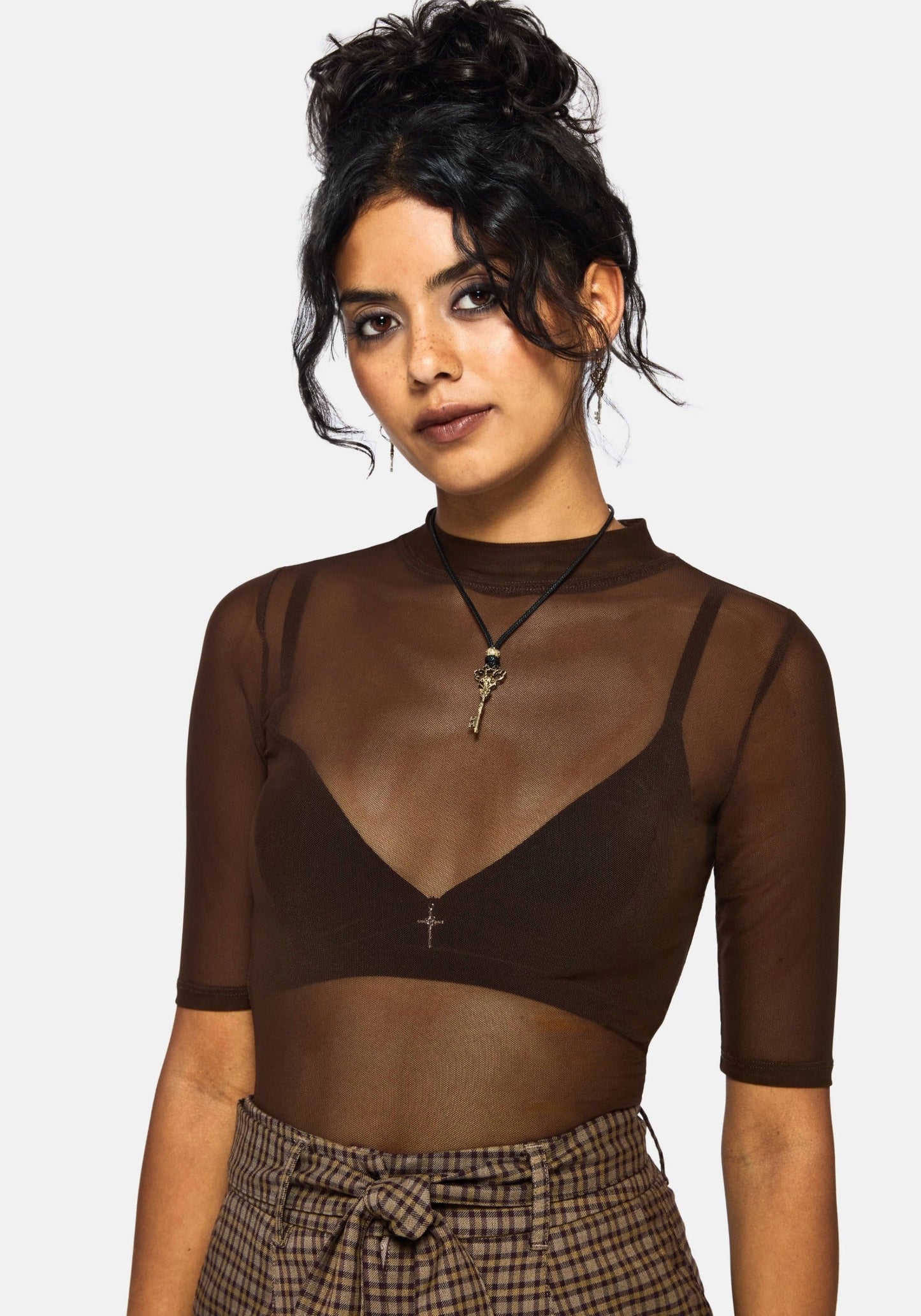 Jinx Mesh Short Sleeve Top - Brown