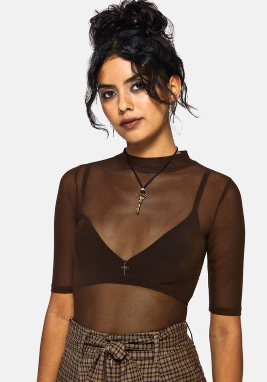 Jinx Mesh Short Sleeve Top - Brown