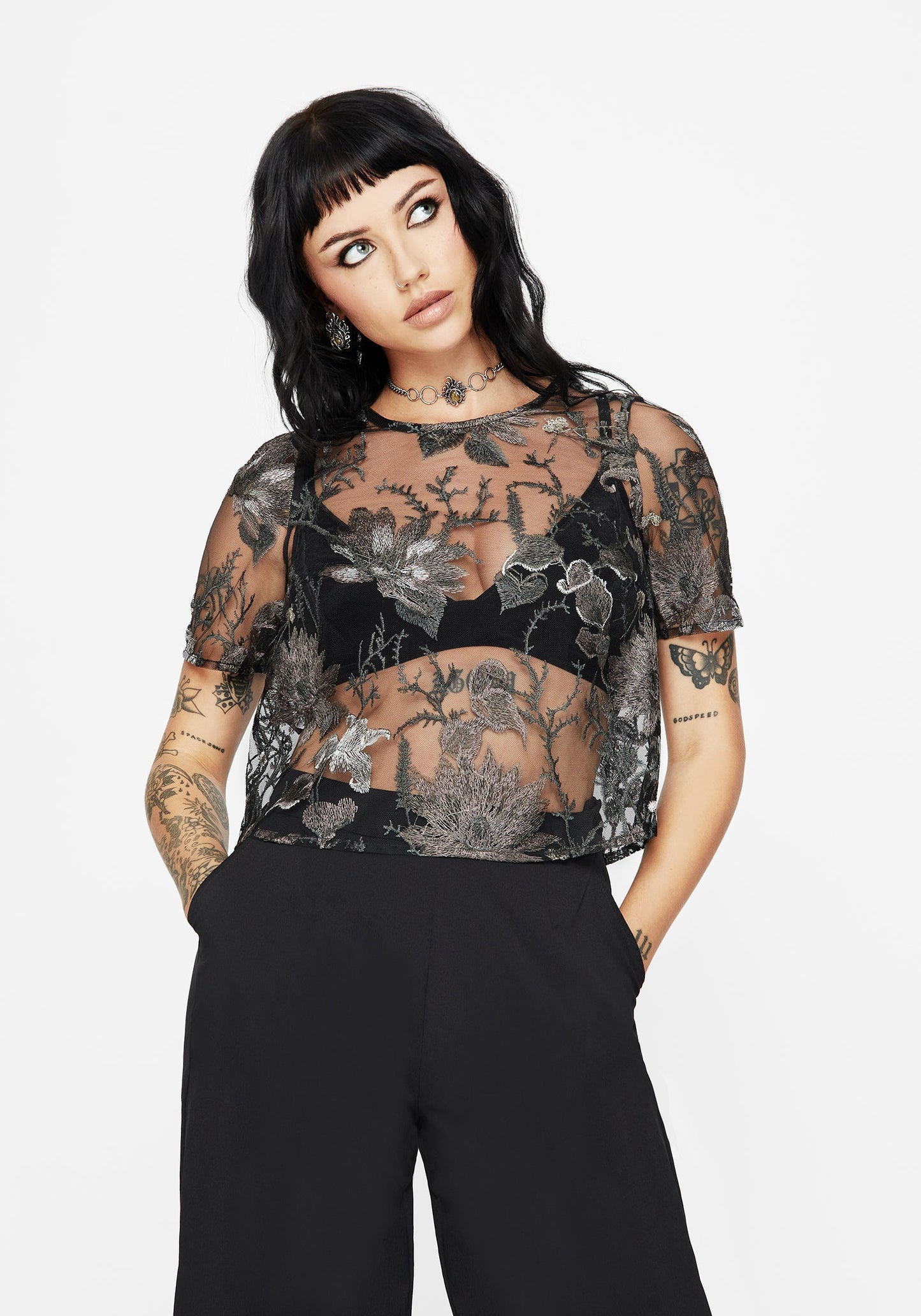 Estrid Embroidered Mesh Tie Back Blouse Top - Silver