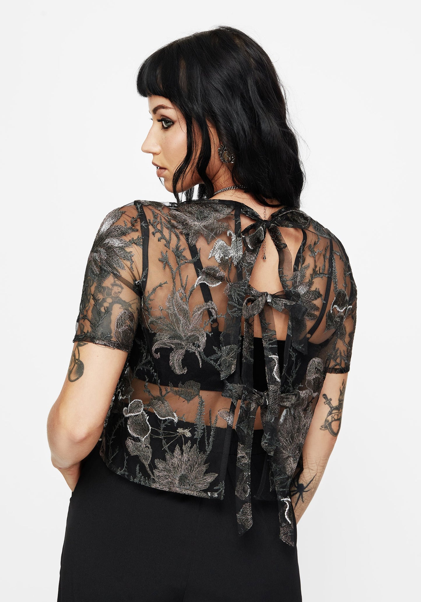 Estrid Embroidered Mesh Tie Back Blouse Top - Silver