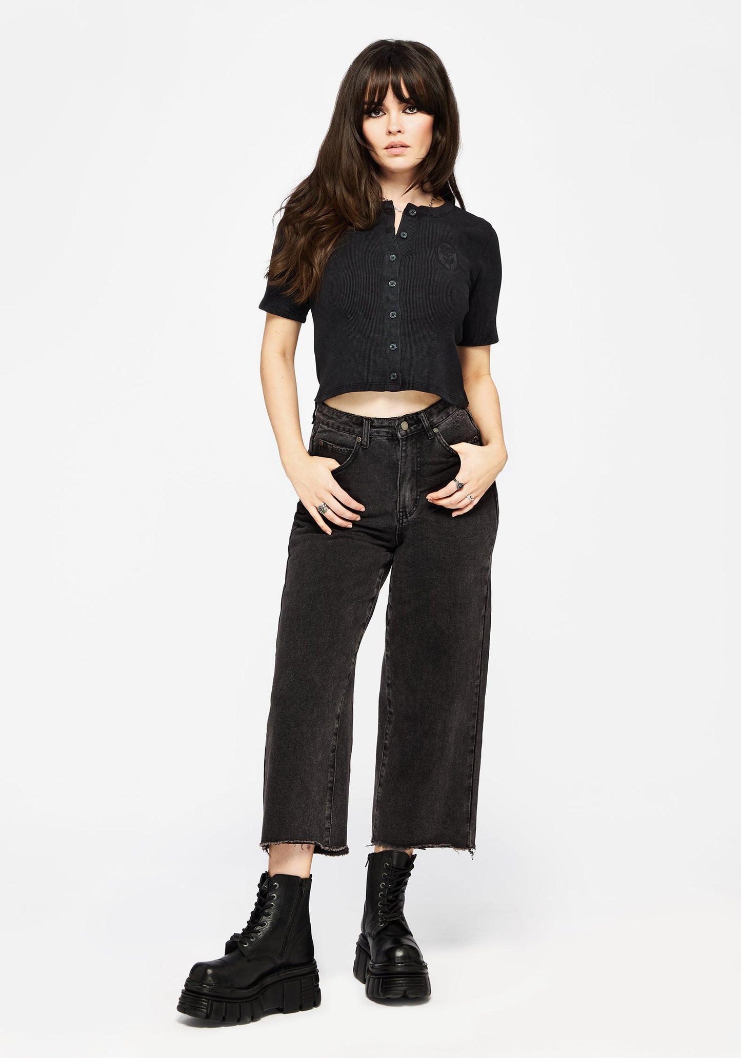 Faye Cotton-Blend Floral Embroidered Waffle Button Up Top